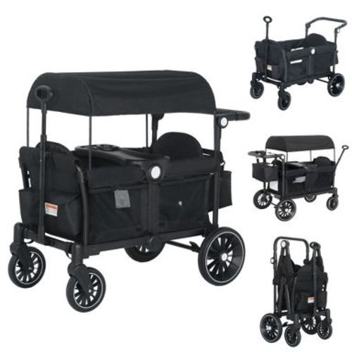Kinder King All-Terrain Stroller Wagon for 2 Kids with Canopy, Shock-Absorbing Wheels, Storage Bag, Snack Tray & Adjustable Leather Handle, Black