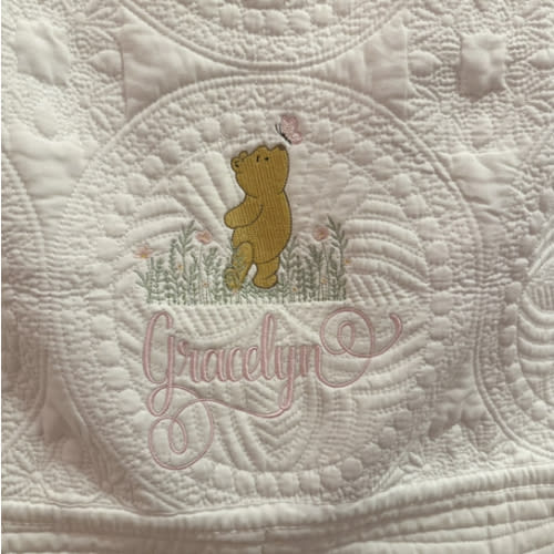 Classic Winnie The Pooh Personalized Embroidered Heirloom Baby Quilt, Nursery Bedding, Flower Butterflies Name Blanket, Shower New Born Gift