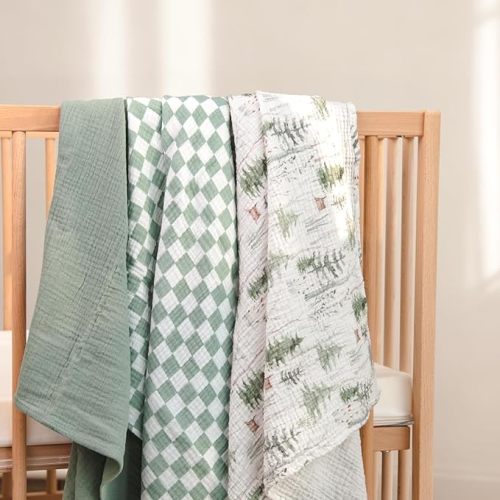 lulumoon Muslin Swaddle Blankets for Baby: Lightweight & Breathable Receiving Blankets for Hospital - Neutral Registry Gift for Newborn 3pack (Sage Foreststump)