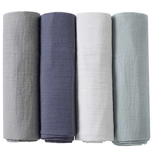 POMISO Muslin Swaddle Blankets, Baby Swaddle Blanket, Large 47 x 47 inches Muslin Baby Blanket wrap for Baby Boys and Girls, 4 Pack, Solid Color, Grey Blue White Green