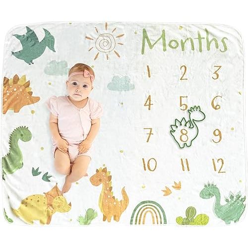 Baby Monthly Milestone Blanket, Unisex Dinosaurs Milestone Blanket for Baby Boy or Girl, 50”x30, Soft Fleece