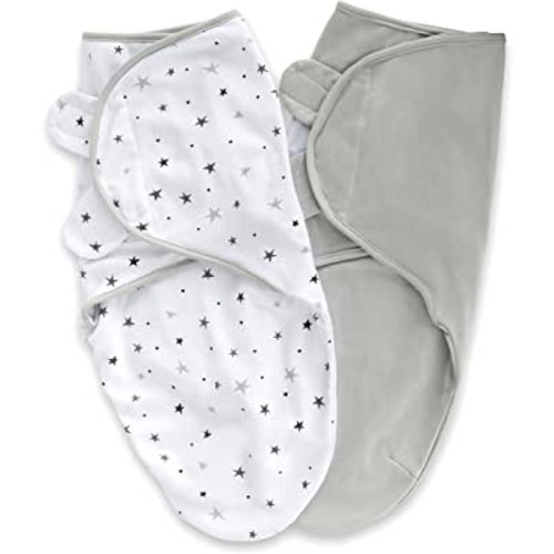 Ely's & Co. Adjustable Baby Swaddle Blanket - 2 Pack Cotton Baby Wrap - Newborn Swaddle 0-3 Months, Neutral for Baby Boy or Girl (Grey Stars & Solid Grey)