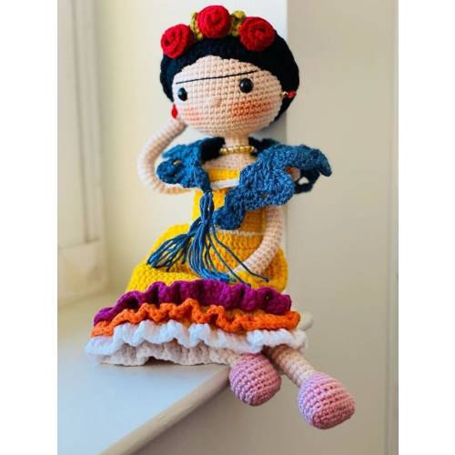 FRIDA KAHLO Crochet Doll Mexican painter Artist companion Unique friend Christmas gift Natural toy wire structure Miniature knit baby Sale