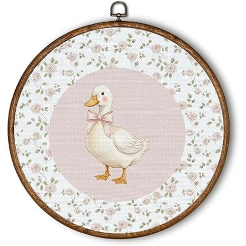 QWZDRHYJI Pink Bow Duck Rose Floral Round Wall Art Decor, Cottagecore Pink Flower Duck Framed Canvas Prints Wall Hanging for Kids Girl Room Nursery Playroom Decorations, 10x10 Inch