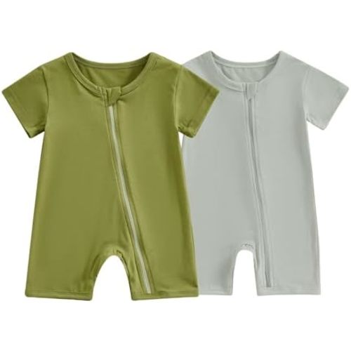 Merqwadd Baby Boy Girl 2 Pack Romper Short Sleeve Zipper Jumpsuit Plain Summer Clothes
