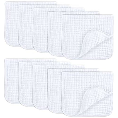 Comfy Cubs Muslin Burp Cloths 20" x 10", Pack of 10 - Large, 6-Layer, Ultra Absorbent 100% Cotton for Baby Drool and Messes - Soft, Safe & Gentle Baby Burp Cloths for Boys & Girls - White