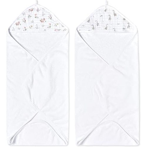 aden + anais Essentials Hooded Baby Bath Towel, Super Soft 100% Cotton, 2 Pack, Country Floral