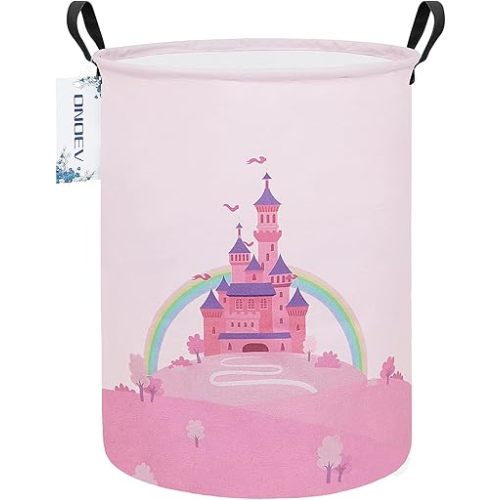 Laundry Hamper, Round Waterproof Storage Basket with Handle, Foldable, Pink Castle, 19.7in(H) x 15.7in(D), for Children's Room and Toy Storage