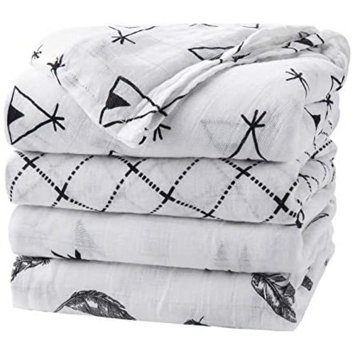 upsimples Baby Swaddle Blanket Unisex Swaddle Wrap Soft Silky Bamboo Muslin Swaddle Blankets Neutral Receiving Blanket for Boys and Girls, Large 47 x 47 inches, Set of 4-Arrow/Feather/Tent/Crisscross