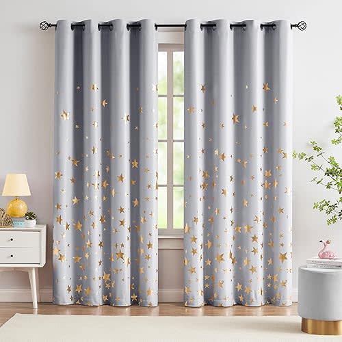 Grey Gold Star Blackout Curtains for Kids Bedroom Thermal Insulated Metallic Star Printed 100% Full Blackout Curtain Panels for Boys Girls Nursery Living Room Grommets Top 50x84 2 Panels