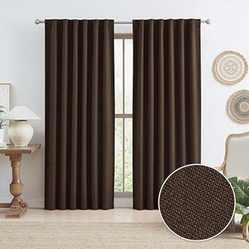 KEQIAOSUOCAI Brown Linen Blackout Curtains 96 Inch Long for Bedroom Living Room, 100% Black Out Curtain Drapes Chocolate Brown 50 Wide by 96 Length 2 Panels Back Tab Rod Pocket