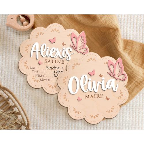 Baby Girl Name Sign With Butterfly, Baby Announcement Sign for Hospital, Wooden Baby Name Sign, Birth Announcement Sign, Baby Shower Gift