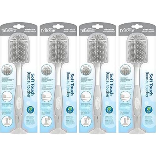 Dr. Brown's Soft Touch No Scratch Baby Bottle Cleaning Brush, Nipple Cleaner & Suction Cup Base for Easy Storage, BPA Free, Gray (Pack of 4)