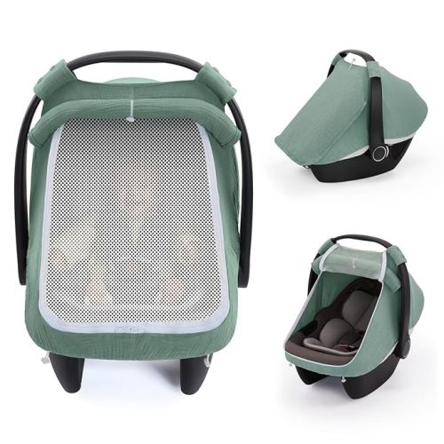 Blissful Diary Baby Car Seat Cover, Extra Large Mesh Window, Breathable Muslin Cotton, Infant Windproof Canopy, Must-Have Baby Gift - Roman Green