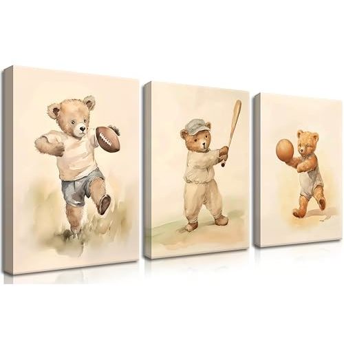 Bear Rugby Sports Nursery Canvas Wall Art Set of 3 - Cute Vintage Baby Bear Pictures Paintings Poster Prints, Nursery Animal Wall Decor for Children Bedroom Boy Room Decoration 12x16 inch Framed