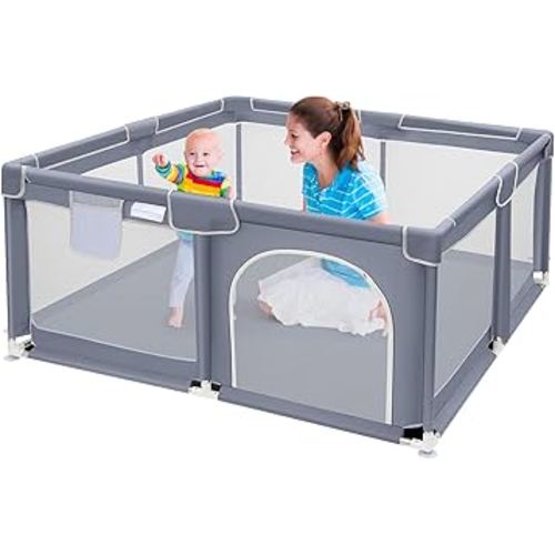 Suposeu Baby Playpen, Play Pen for Kids Activity Center, Large Baby Playard for Indoor and Outdoor, Sturdy Safety Baby Fence with Soft Breathable Mesh for Toddler, Grey
