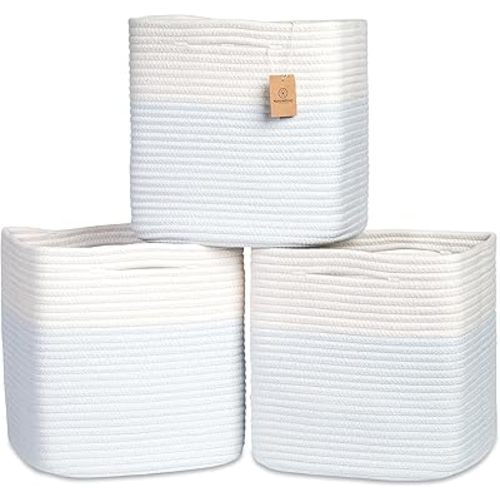 NaturalCozy 13 Inch Cube Storage Bins Cotton Rope Woven Baskets for Organizing 3-Pack | 13 x 13 Storage Cubes | Fabric Square Storage Baskets for Shelves Organizer, Kids Toy Bins, Closet Baby Nursery