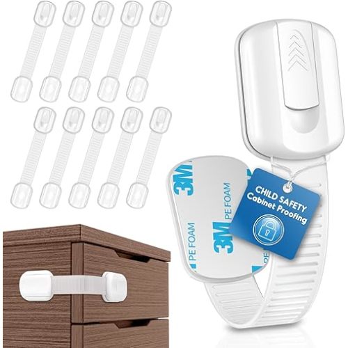 Cabinet Locks Baby Proofing, SOGUDE 10 Pack Child Proof Cabinet Locks with 3M Adhesive Child Safety Locks for Doors, Drawer Locks Baby Proofing No Drilling, Cabinet Locks for Babies- White