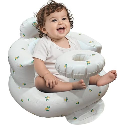 Inflatable Baby Seat for Babies 3-36 Months, Baby Chair with Fence & Built in Air Pump, Blow Up Floor Baby Seat with Back Support, Baby Chair Sit Me Up Olive-Tray