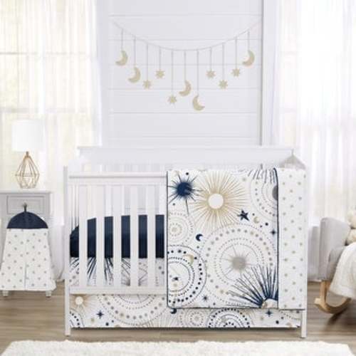 Star and Moon Collection Boy Girl 4pc Nursery Crib Bedding Set - Navy Blue Gold Grey Celestial Sky Stars Gender Neutral Unisex