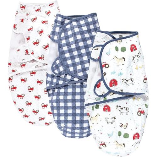 Hudson Baby Unisex Baby Quilted Cotton Swaddle Wrap 3pk, Boy Farm Animals, 0-3 Months
