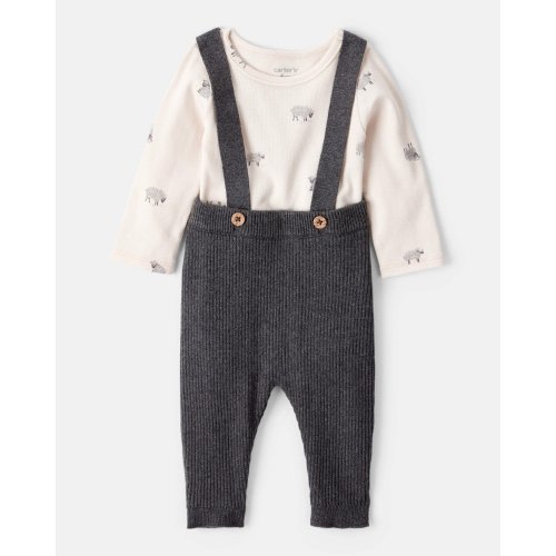 Baby Boy Sheep Print Cotton Long-Sleeve Overall Set - White/Grey