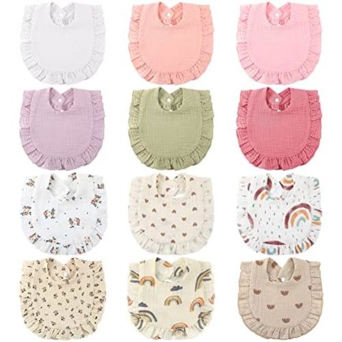 Geyoga 12 Pack Muslin Baby Bibs Adjustable Bandana Drool Bib for Unisex Cotton for Infants Boys Girls Teething