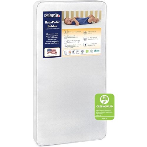Kolcraft BabyPedic Bubbie Waterproof Crib Mattress plus Toddler Bed Fit, Extra Firm Coils, Airy Comfort, Non Toxic, GREENGUARD Gold Certified, Safety & Quality Tested, Made in USA, 52'X28' - Natural