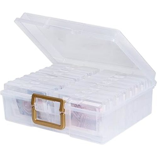novelinks Photo Case 4" x 6" Photo Box Storage - 16 Inner Photo Keeper Photo Organizer Cases Photos Storage Containers Box for Photos (Clear-Gold Handle)