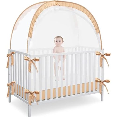 Pop Up Baby Crib Tent, Safety Tent to Keep Toddler from Climbing Out, Canopy Against Falls and Bites, Netting with Breathable & Soft Mesh, Orange (R07-orange)