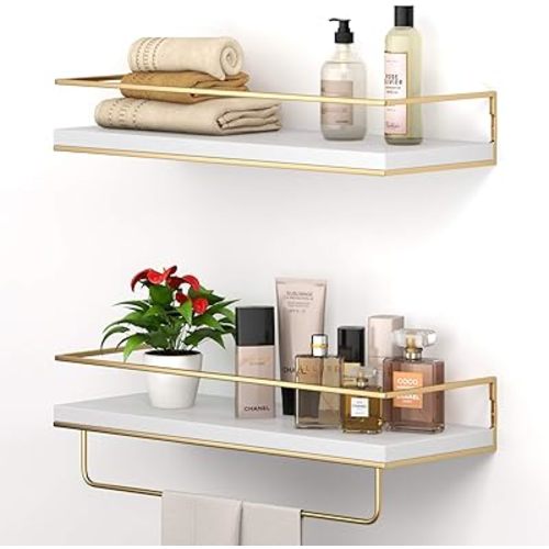 Shario White Floating Shelves - Set of 2, Wall Mounted Hanging Shelves with Golden Towel Rack, Decorative Storage Shelves for Bathroom, Kitchen, Living Room & Bedroom (White)