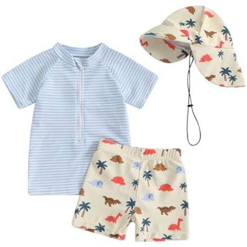 DuAnyozu Baby Boys Swimsuit Long Sleeve Rash Guard Swimwear Baby Boy Swim Trunk with Hat Set 3-Piece Toddler Bathing Suit