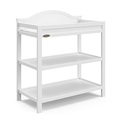 Graco Story Changing Table with Water-Resistant Pad, White | GREENGUARD Gold Certified Baby Changing Station with Safety Strap, 2 Open Shelves, Nursery Changing Table