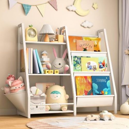 FONTOI 28.9"H Metal Kids Bookshelf with Extra Pocket, 3 Tier Toddler Bookshelf and Toy Storage Organizer for Kids Room, Bedroom, Playroom and Nursery