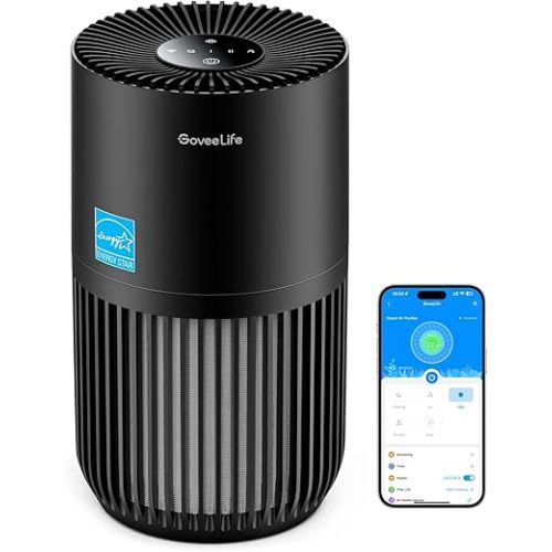 GoveeLife Mini Air Purifier for Bedroom, HEPA Smart Filter Air Purifier with App Alexa Control for Pet Hair, Odors, Pollen, Smoke, Portable Air Cleaner with 3 Speeds, Timer, Aroma for Home, Black