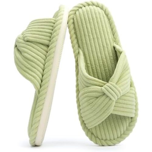 Chantomoo Slippers for Women Memory Foam House Womens Slipper Slides Home Bedroom Bathroom Spa Open Toe Corduroy Bow Slippers Cozy Comfortable