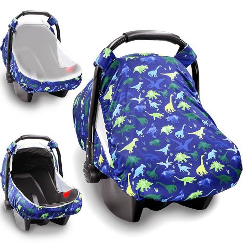 Zhudiyof Baby Car Seat Cover, Opening Carseat Canopy for Newborn with Peep Windows and Breathable Mesh, for Infant Boys and Girls, Blue Dinosaur