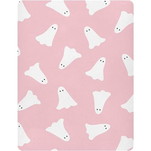 Pfrewn Cute Halloween Crib Sheets for Girls Pink Halloween Ghost Fitted Crib Sheet Fits Standard Crib Mattress Pads Stretch Soft Toddler Baby Sheet, 52x28x9IN