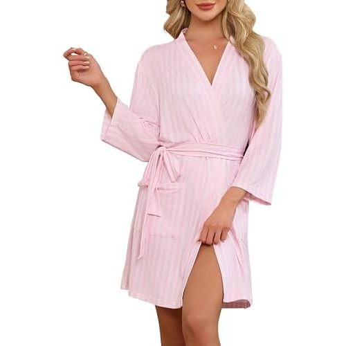 LYCY Robes for Women Striped Short Bathrobe, Soft Lightweight Kimono Robe with Pockets