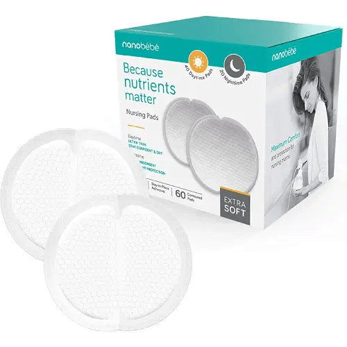 Nanobébé Disposable Nursing Pads Absorbent Breast Pads Day Ultra Thin, Day & Night, Contoured and Leakproof Breastfeeding Essentials (60 Count)