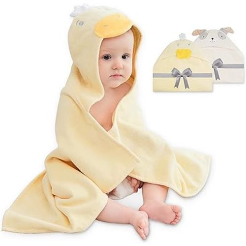 Viviland 2 Pack Hooded Baby Towels, Soft 100% Cotton Baby Bath Towels with Hood, Extra Thick and Absorbent, Essential for Newborns, Kids, Infants - Girls and Boys (Dog & Duck)