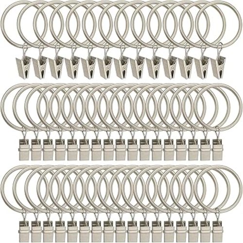 60 Pack Metal Curtain Rings with Clips, Curtain Clip Rings Hooks for Hanging Drapery Drapes Bows, Curtain Rod Rings 1.5 inch Interior Diameter, Matte Silver