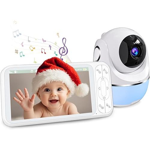 Baby Monitor, 5'' Screen with 32 Hours 5000mAh Battery, Pan-Tilt-Zoom Video 1080P Baby Monitor with Camera and Audio, Night Vision, VOX, 2-Way Talk, 8 Lullabies and 1200ft Range No WiFi