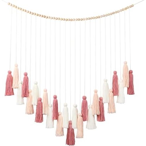 DrCor Handmade Boho Macrame Wall Hanging with Blush Pink Tassels Rose Gold Accents for Nursery Wedding Living Room Decor