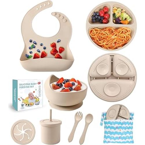 ECLIP Silicone Baby Feeding Set,10 Pcs Baby Led Weaning Supplies Baby Eating Essentials Set with Suction Bowl Divided Plate Adjustable Bib Soft Spoon Fork Cup with Lid Drinking Cup, Travel Bag (Beige)
