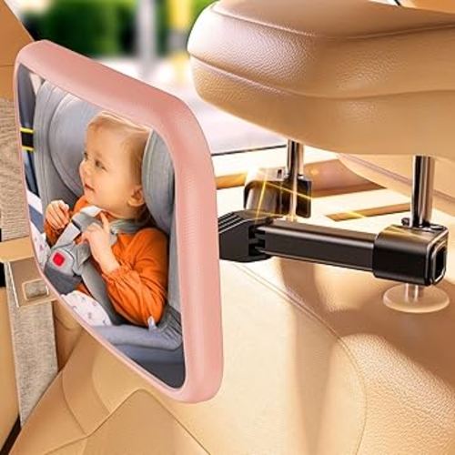 Car Mirror for Baby - Hook Clip Design, Never Shake Car Seat Mirror, Rear Facing, Easy Install, Back Seat Crystal Clear View, ShatterProof Tested - Pink