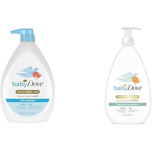 Baby Dove Sensitive Skin Care Bundle - Baby Wash Rich Moisture 34 oz & Baby Lotion for Sensitive Skin 20 oz