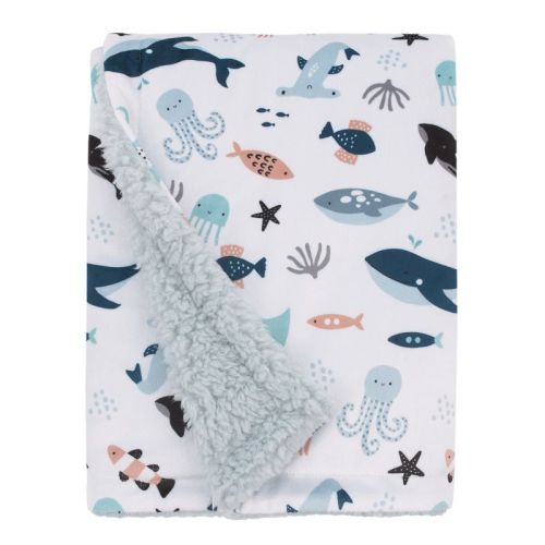 NoJo Explore Dream Discover Light Blue, Navy, Gray and Coral Super Soft Cuddly Plush Baby Blanket