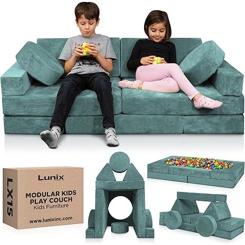 Lunix LX15 14pcs Modular Kids Play Couch, Child Sectional Sofa, Fortplay Bedroom and Playroom Furniture for Toddlers, Convertible Foam and Floor Cushion for Boys and Girls, Teal Blue