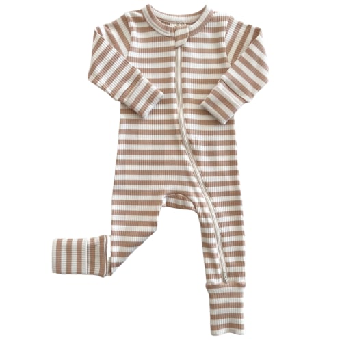 Tan Stripe / Organic Ribbed 2-Way Zip Romper
